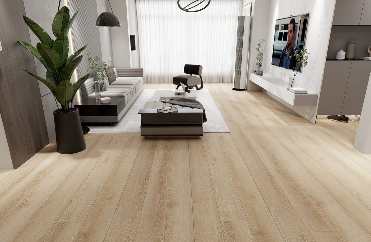 Warm oak laminate flooring across a bright modern living room