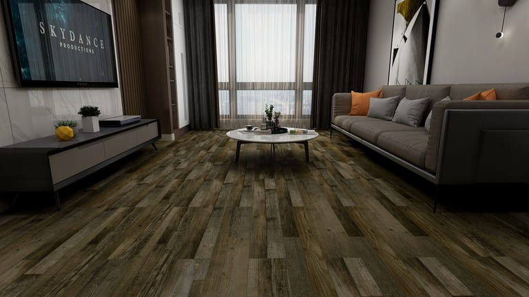 Dark reclaimed-look SPC floor in a contemporary lounge