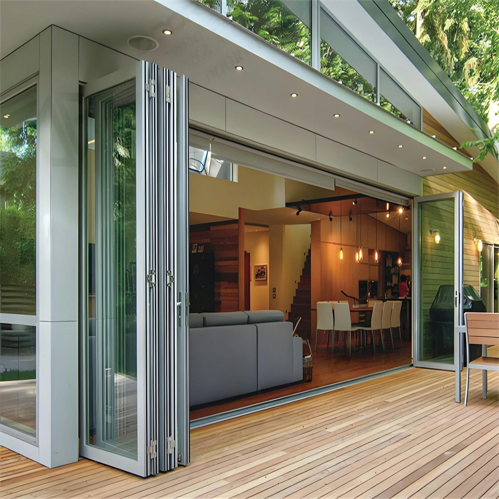 Modern home with bi-fold doors open between a wood-floored living space and a composite deck