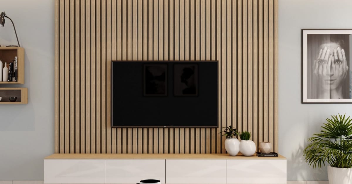 Wood-slat wall panels on an architectural feature wall